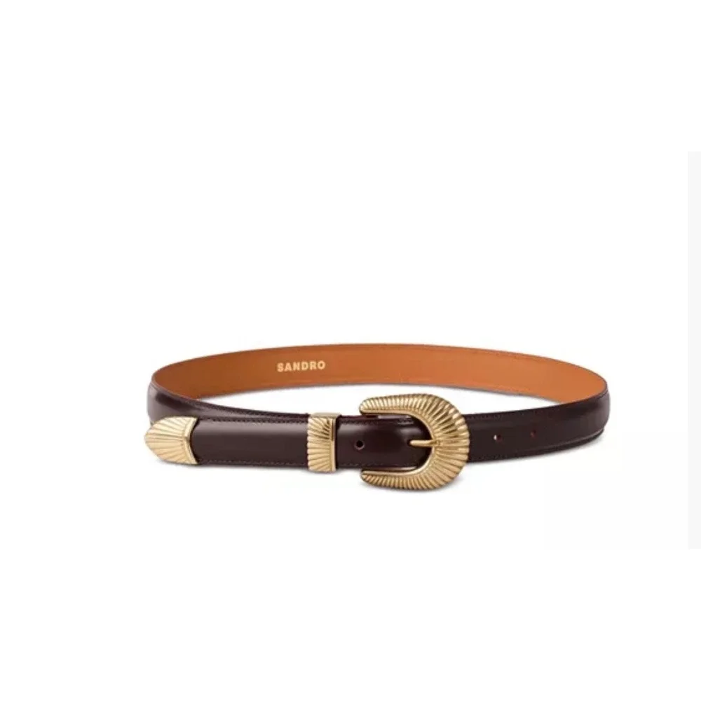 Sandro Bordeaux Leather Eve Belt Gold Western Buckle Made in France H24EVE T1